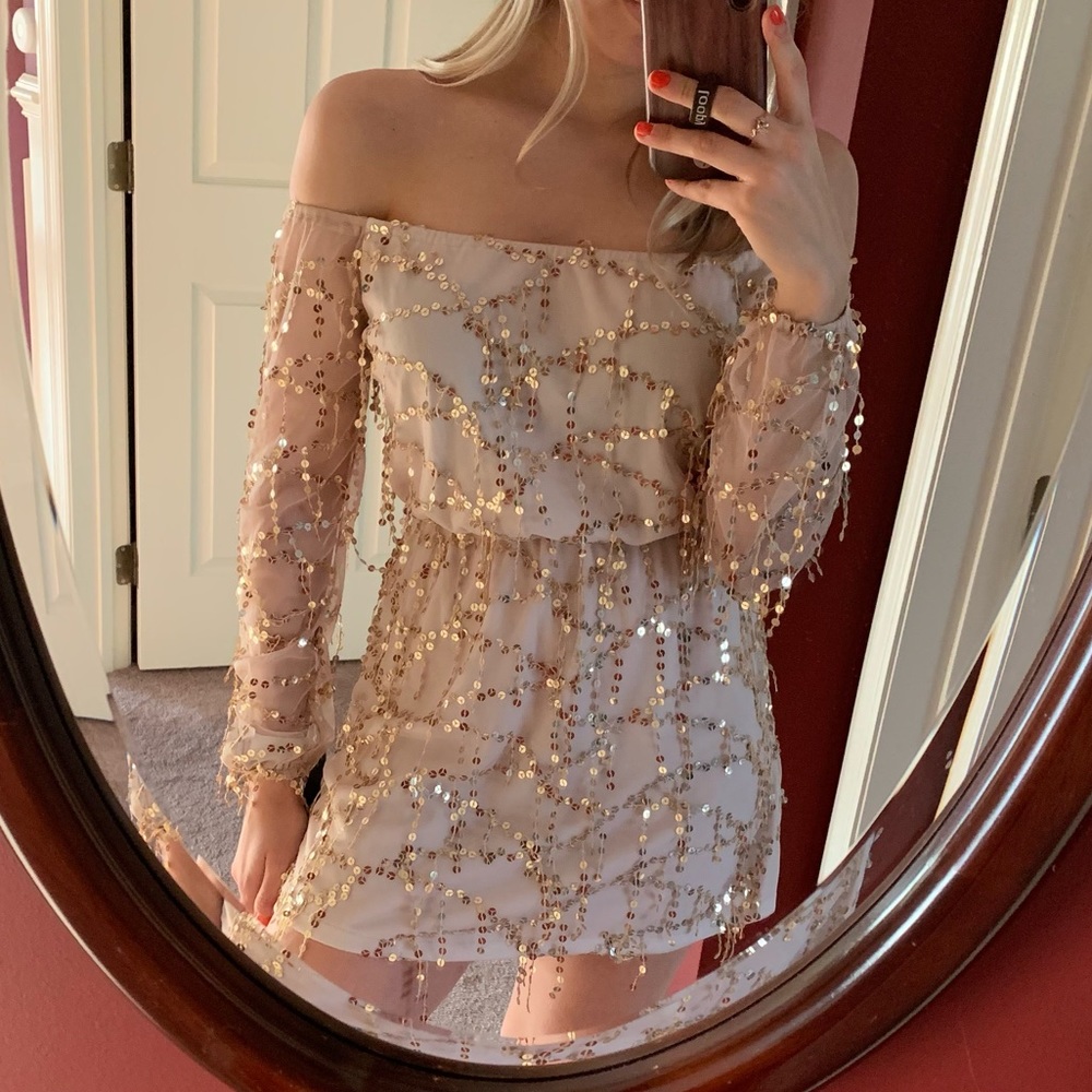 PrettyLittleThing Gold Off the Shoulder Mini Dress